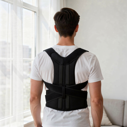 AlignPro Posture Corrector lifestyle - person standing upright confident near window