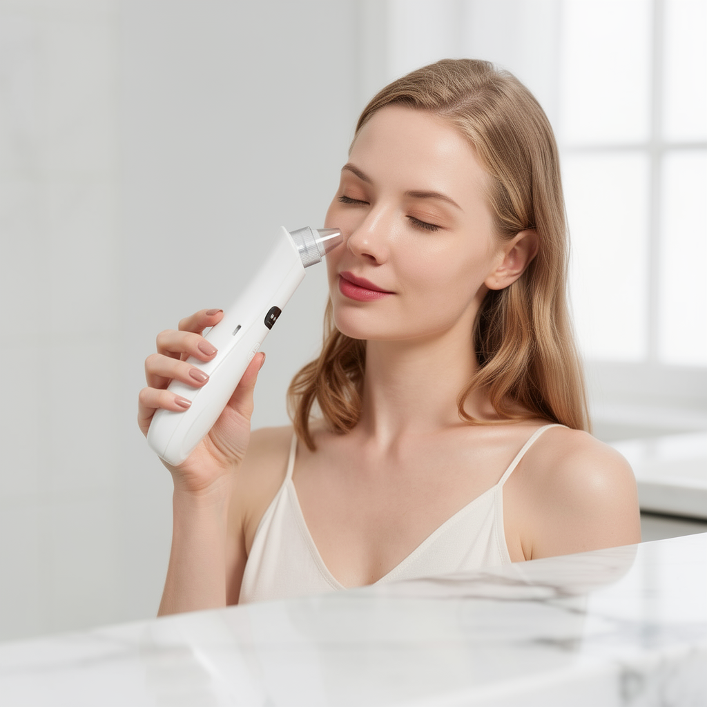 PoreVac Deep Cleanse lifestyle - woman using pore vacuum on nose