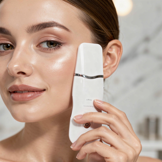 GlowLift Skin Spatula lifestyle - woman with radiant skin using device on cheek
